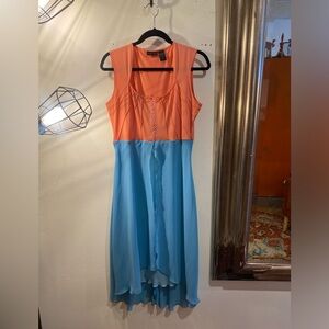 OOAK Upcycled Elegant Coral and Blue Sleeveless Dress